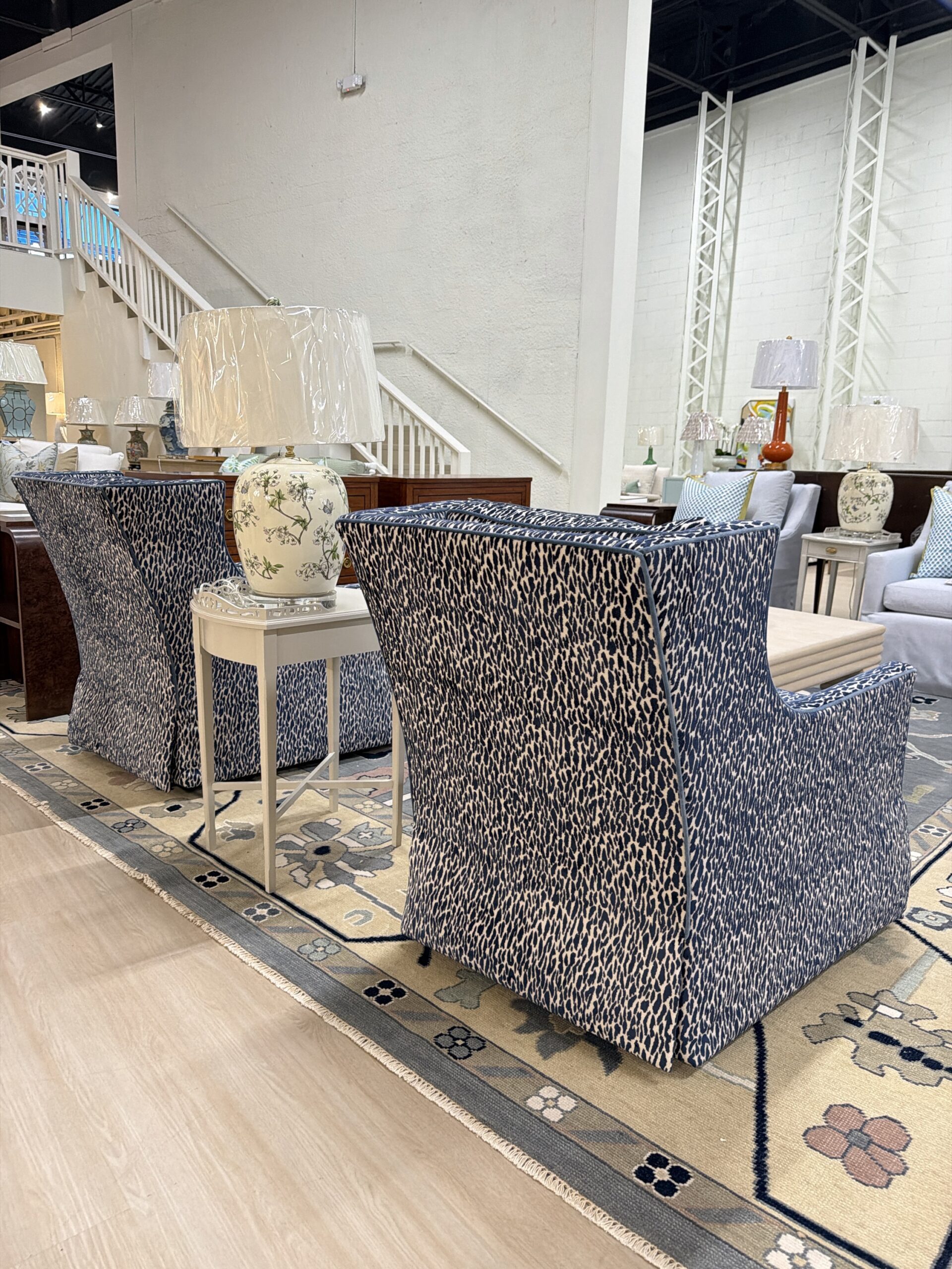 Grier skirted swivel and rock chair set covered in fleck midnight with a blue welt ! - $2750 each! - Image 2