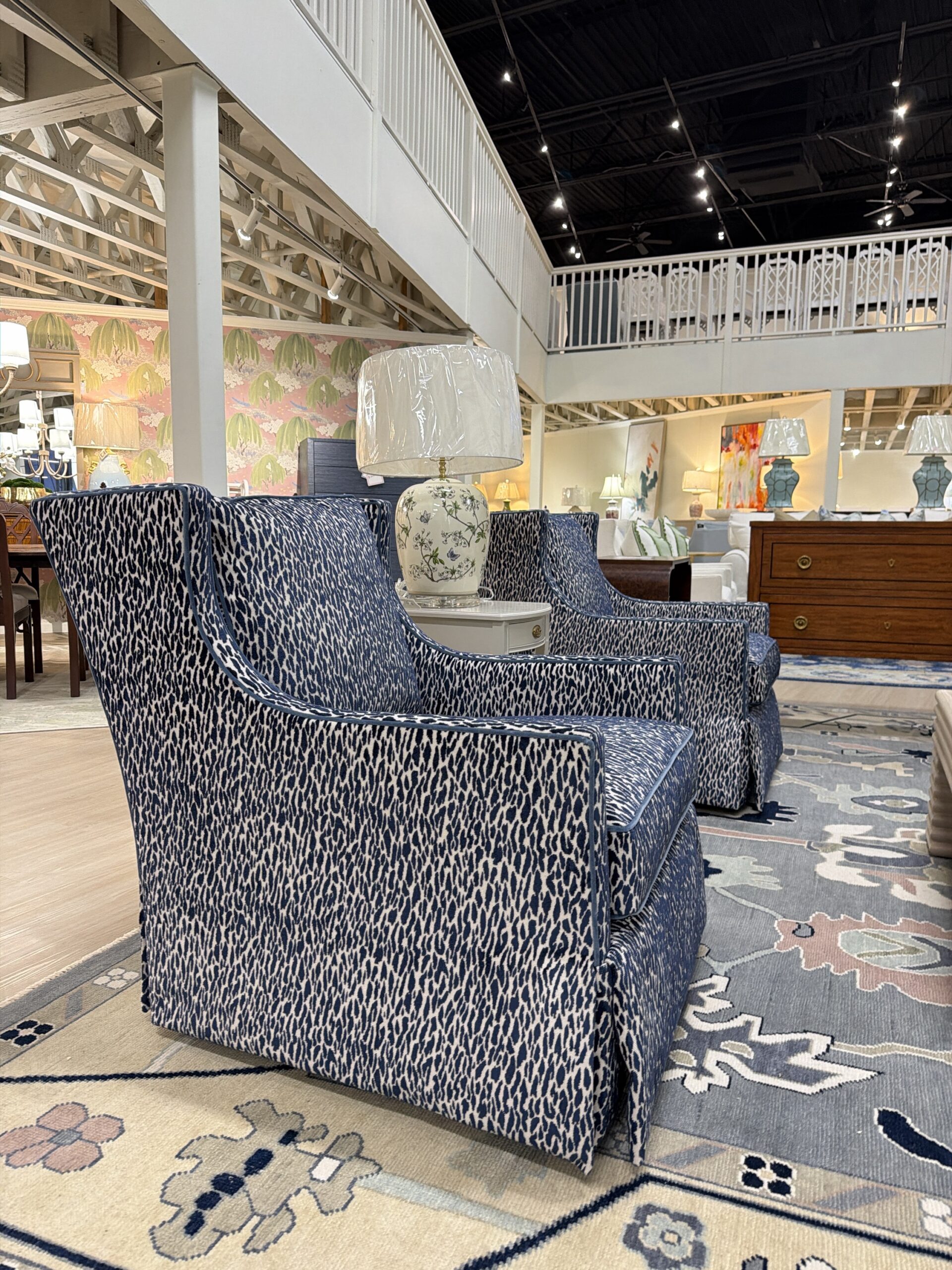 Grier skirted swivel and rock chair set covered in fleck midnight with a blue welt ! - $2750 each! - Image 5