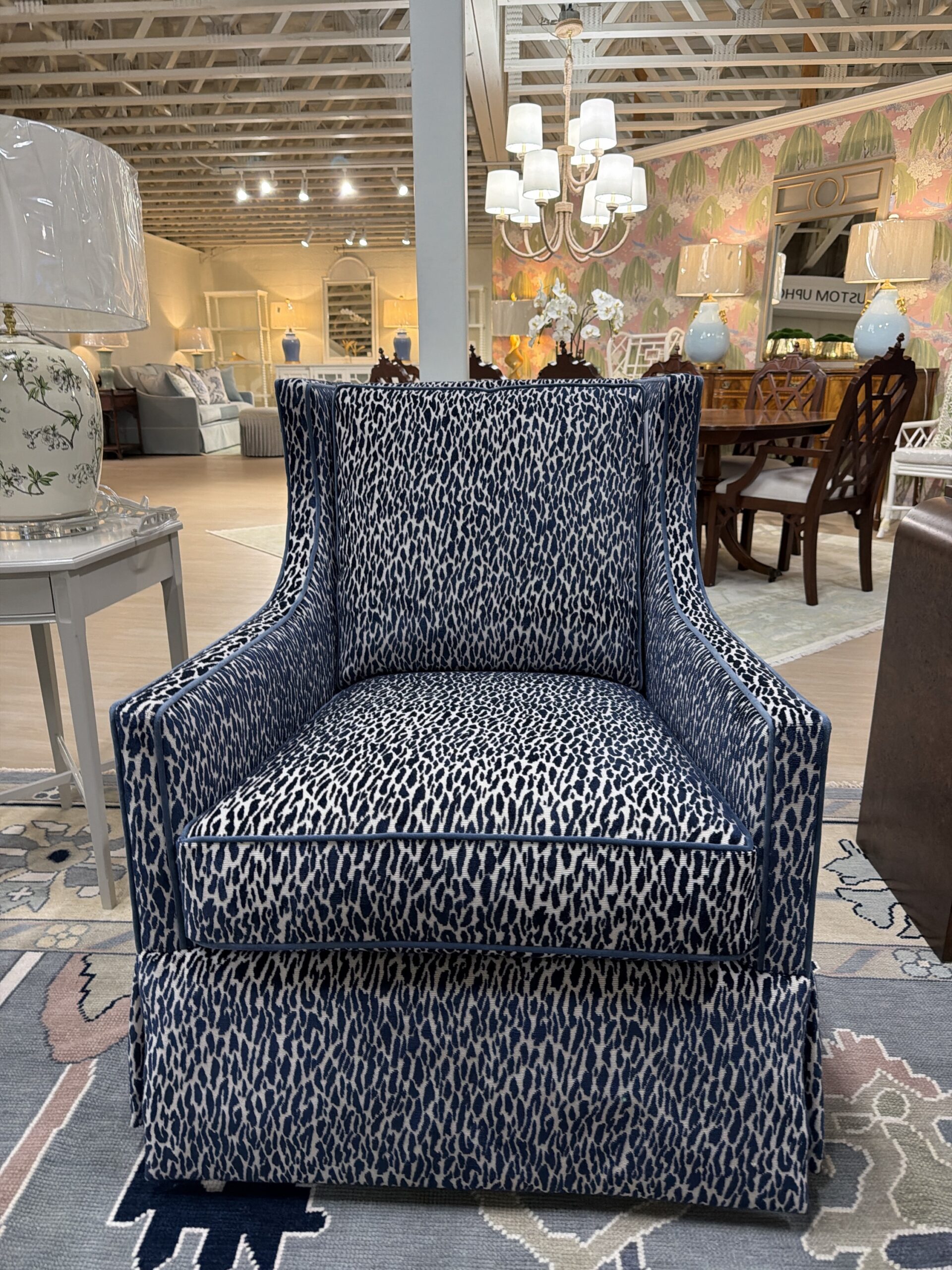 Grier skirted swivel and rock chair set covered in fleck midnight with a blue welt ! - $2750 each! - Image 3