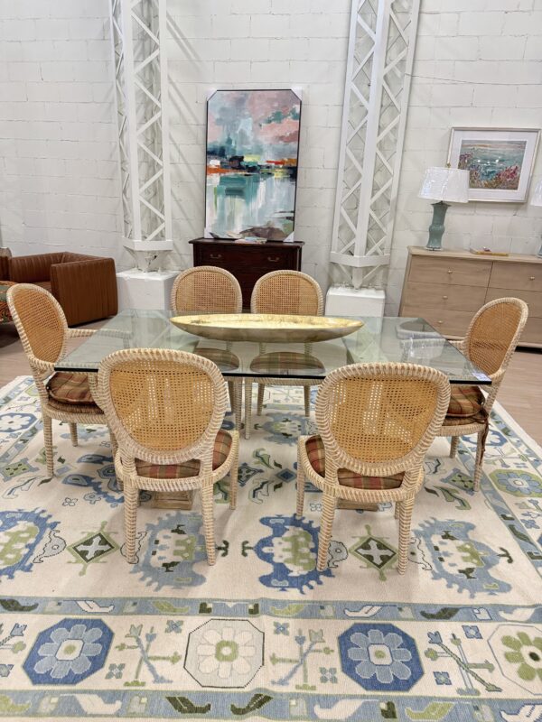 Vintage dolphin fish base dining room glass table top with cane chair set - Image 5