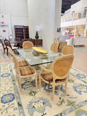 Vintage dolphin fish base dining room glass table top with cane chair set