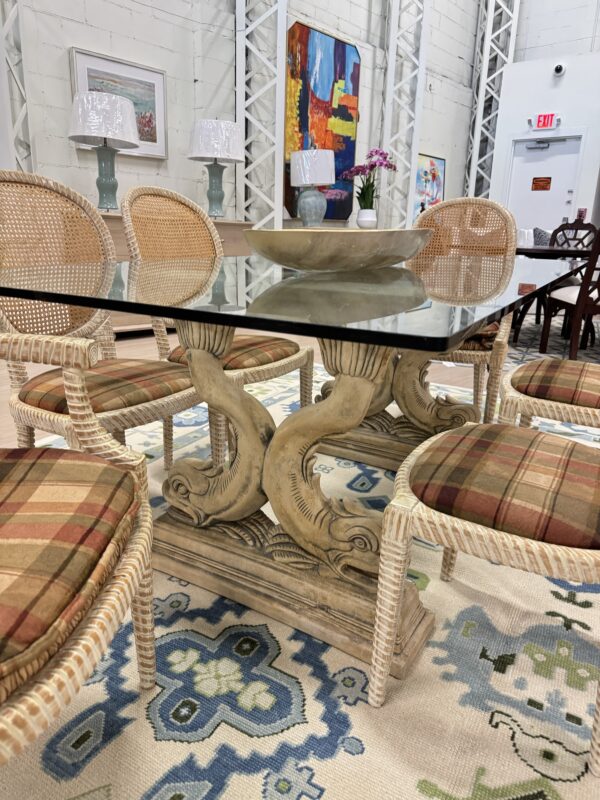 Vintage dolphin fish base dining room glass table top with cane chair set - Image 4