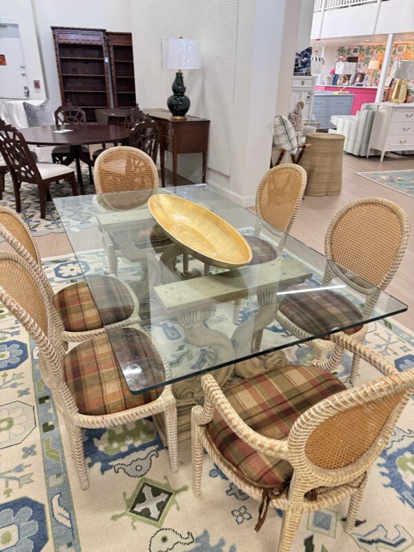 Vintage dolphin fish base dining room glass table top with cane chair set - Image 3
