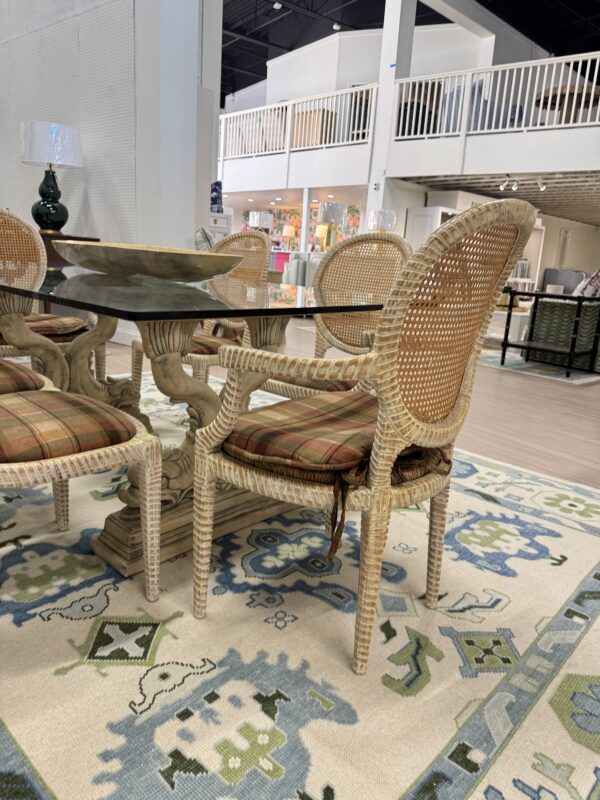 Vintage dolphin fish base dining room glass table top with cane chair set - Image 2