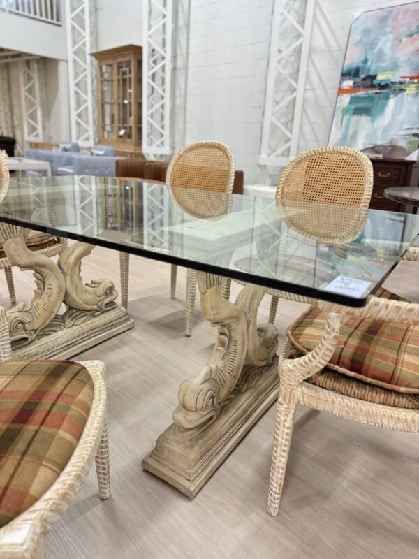 Vintage dolphin fish base dining room glass table top with cane chair set - Image 6