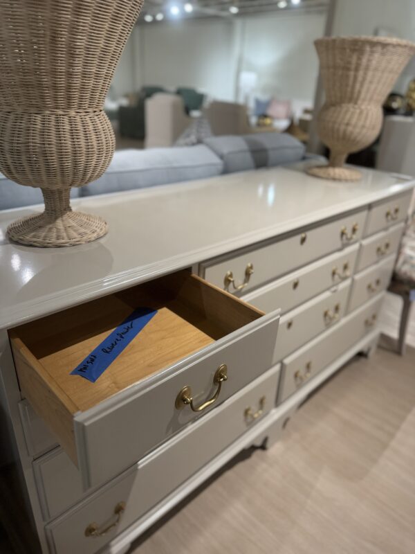 Vintage  11 drawer dresser with gold hardware, lacquered in  BM revere pewter - Image 4