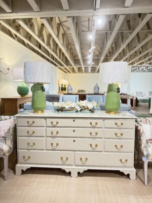 Vintage  11 drawer dresser with gold hardware, lacquered in  BM revere pewter