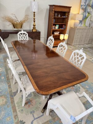 VINTAGE | Refinished Banded Mahogany Dining Table  !! * includes two leaves that are 20 inches long!! *