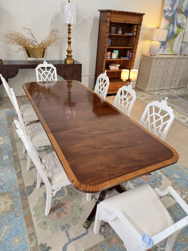 VINTAGE | Refinished Banded Mahogany Dining Table  !! * includes two leaves that are 20 inches long!! *