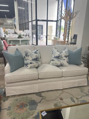 Kincaid  skirted sofa 3 over 3   cushion fill covered in performance fabric Crypton nomad snow!