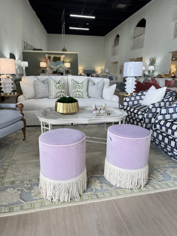 Set of custom design performance purple 
cylinder, ottoman with fringe tape trim on the bottom! $1550 each! - Image 2