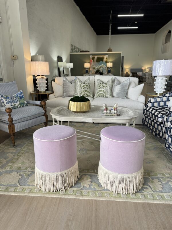 Set of custom design performance purple 
cylinder, ottoman with fringe tape trim on the bottom! $1550 each! - Image 5