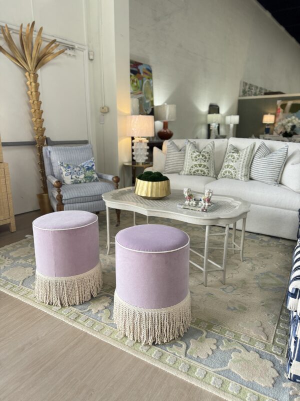 Set of custom design performance purple 
cylinder, ottoman with fringe tape trim on the bottom! $1550 each! - Image 4
