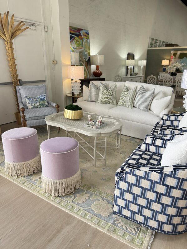 Set of custom design performance purple 
cylinder, ottoman with fringe tape trim on the bottom! $1550 each! - Image 3