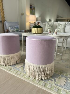 Set of custom design performance purple 
cylinder, ottoman with fringe tape trim on the bottom! $1550 each!