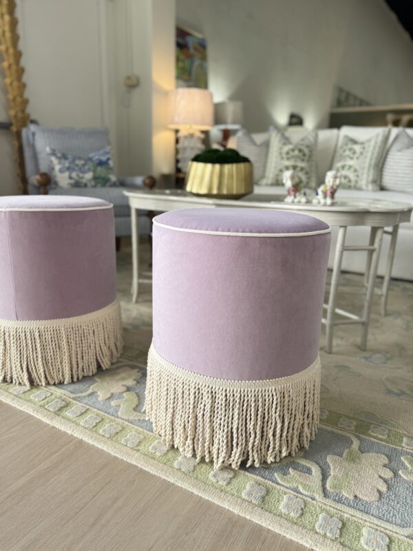 Set of custom design performance purple 
cylinder, ottoman with fringe tape trim on the bottom! $1550 each!