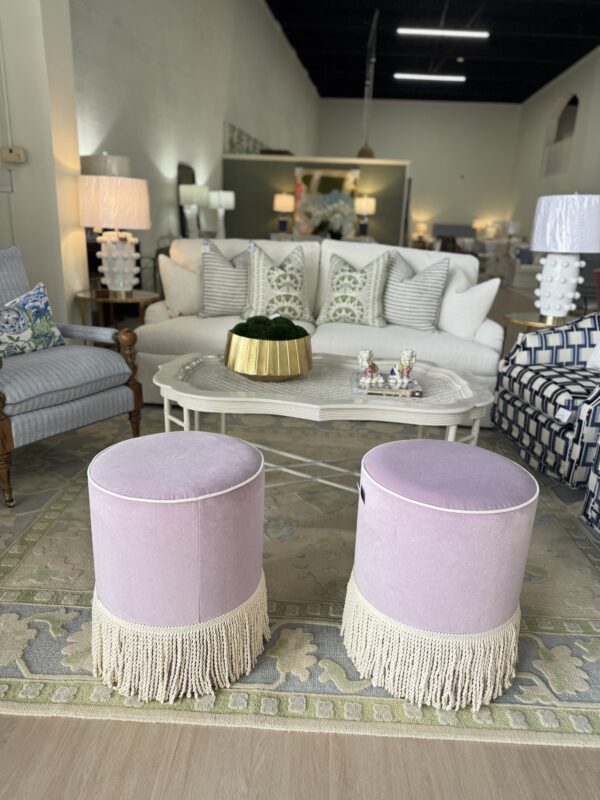 Set of custom design performance purple 
cylinder, ottoman with fringe tape trim on the bottom! $1550 each! - Image 6