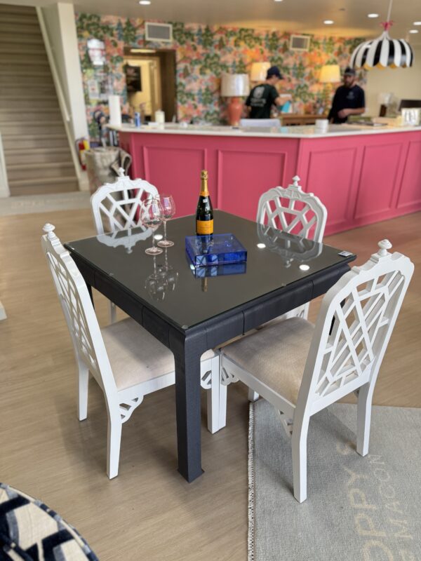 Navy grass cloth mingfoot game table with drawers and glass top - Image 4