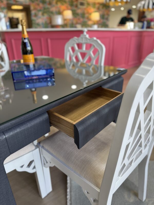 Navy grass cloth mingfoot game table with drawers and glass top - Image 5
