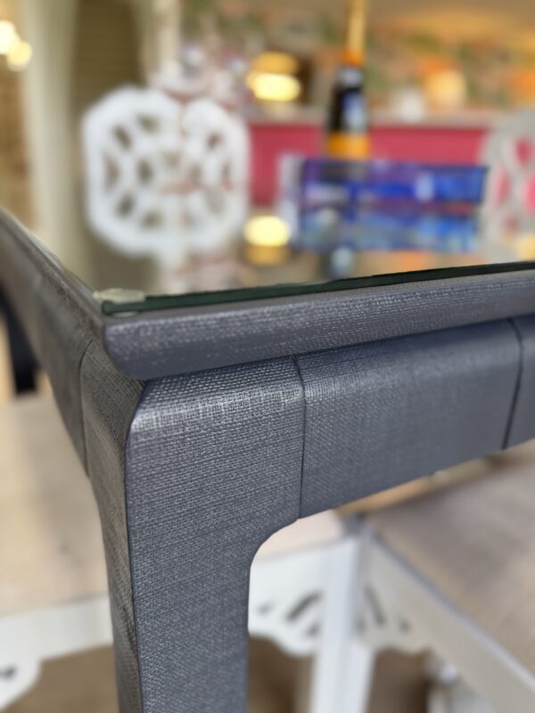 Navy grass cloth mingfoot game table with drawers and glass top - Image 7