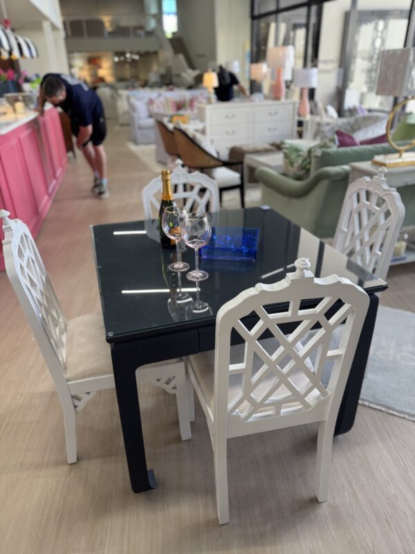 Navy grass cloth mingfoot game table with drawers and glass top - Image 6