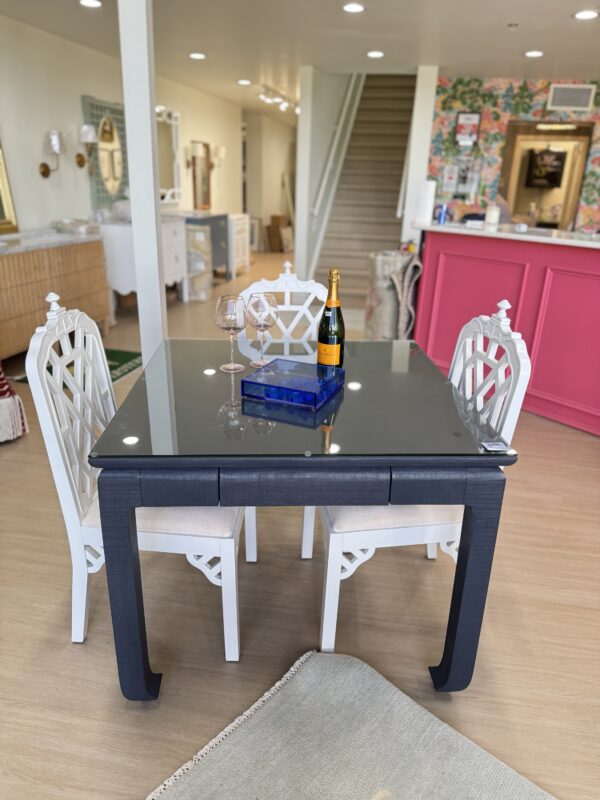 Navy grass cloth mingfoot game table with drawers and glass top - Image 9