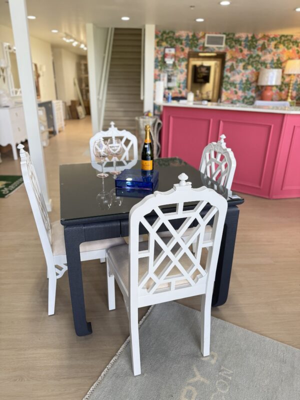 Navy grass cloth mingfoot game table with drawers and glass top - Image 10