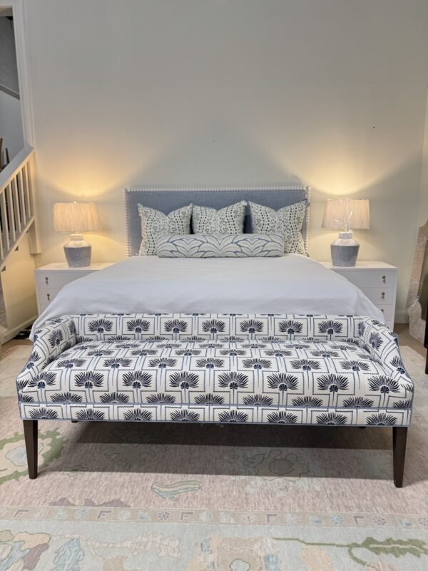 Massoud Claire Upholstered Bench | blue palm fabric, w/  baby blue welting *cleaning code S* - Image 4