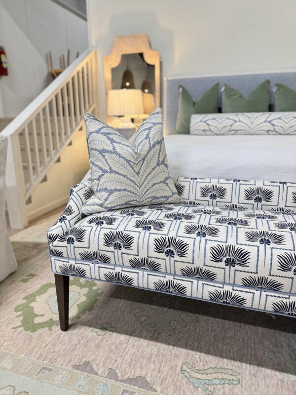 Massoud Claire Upholstered Bench | blue palm fabric, w/  baby blue welting *cleaning code S* - Image 3