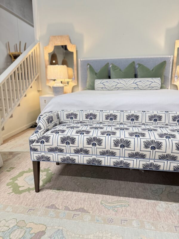 Massoud Claire Upholstered Bench | blue palm fabric, w/  baby blue welting *cleaning code S* - Image 2