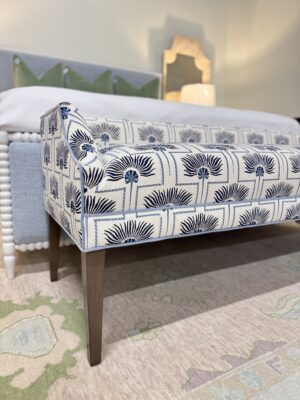 Massoud Claire Upholstered Bench | blue palm fabric, w/  baby blue welting *cleaning code S*