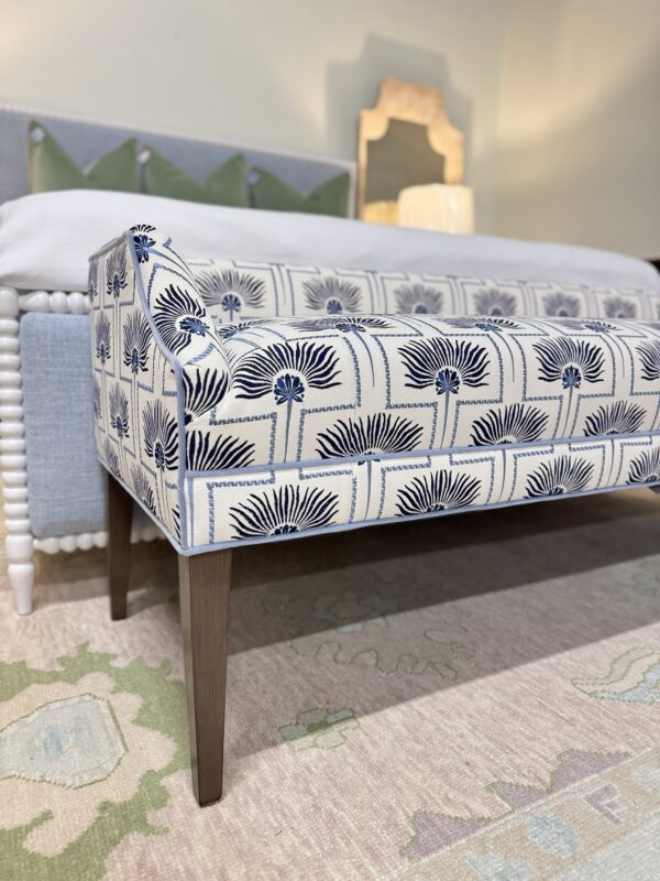 Massoud Claire Upholstered Bench | blue palm fabric, w/  baby blue welting *cleaning code S*