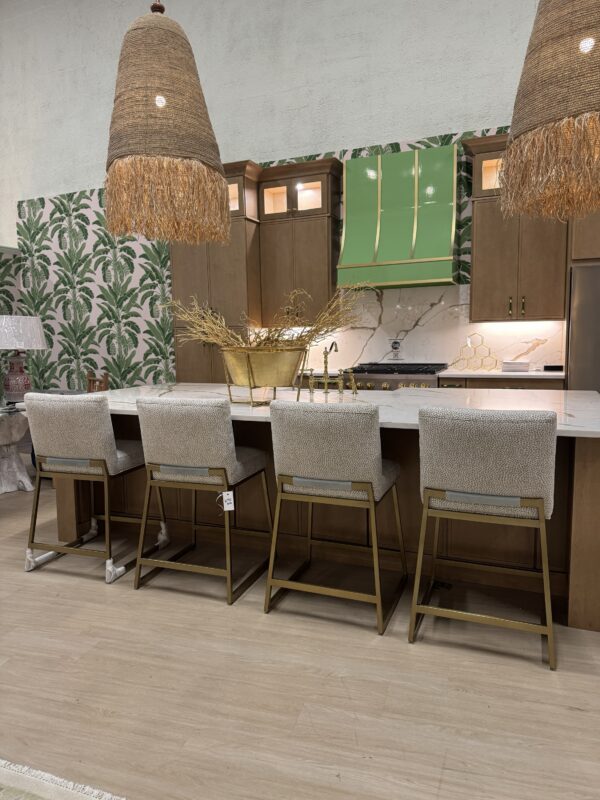 Set of (4) Custom counter Stools | yambo spots, upholstery with blue velvet detailing on the back $1750 each - Image 7