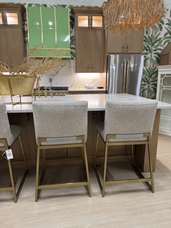 Set of (4) Custom counter Stools | yambo spots, upholstery with blue velvet detailing on the back $1750 each - Image 4
