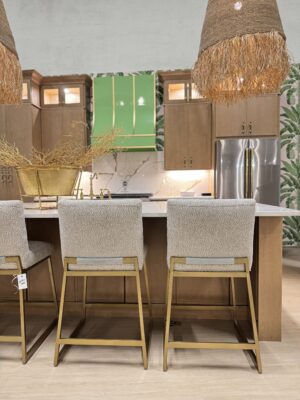 Set of (4) Custom counter Stools | yambo spots, upholstery with blue velvet detailing on the back $1750 each