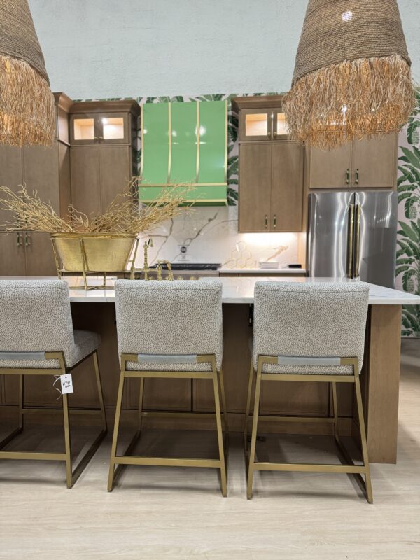 Set of (4) Custom counter Stools | yambo spots, upholstery with blue velvet detailing on the back $1750 each - Image 2