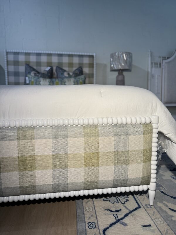 Queen spool bed in a white wooden finish with green blue and neutral gingham upholstered fabric, headboard, and footboard - Image 5