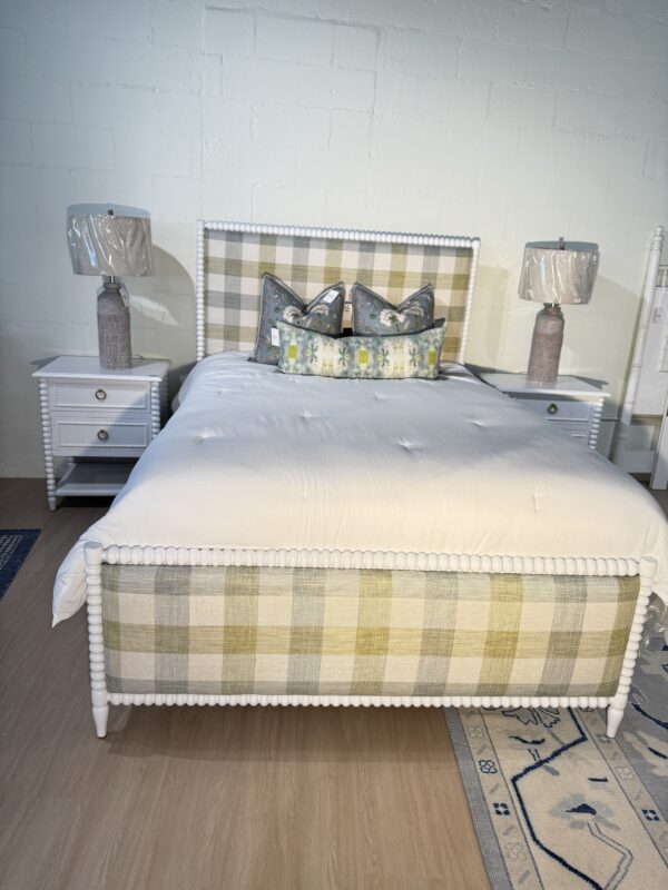 Queen spool bed in a white wooden finish with green blue and neutral gingham upholstered fabric, headboard, and footboard - Image 6