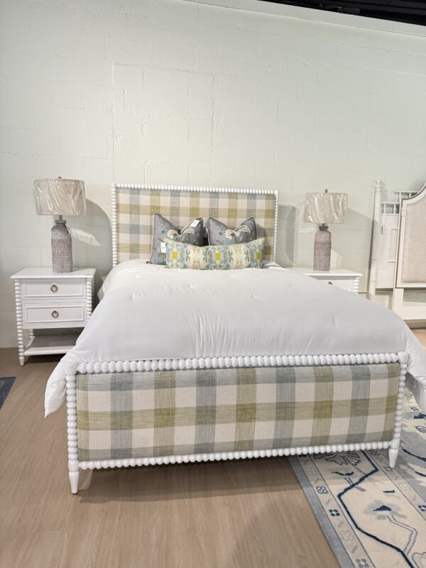 Queen spool bed in a white wooden finish with green blue and neutral gingham upholstered fabric, headboard, and footboard - Image 3