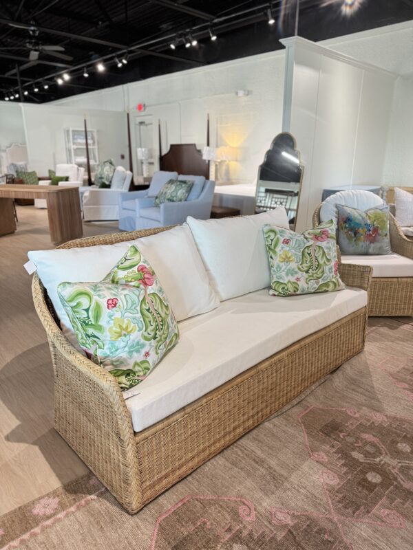 Rattan bench seat sofa with performance cushion *for screened in or covered porch use only*