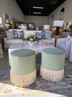 Set of custom design performance banks meadow  cylinder, ottoman with fringe tape trim on the bottom! $1550 each!