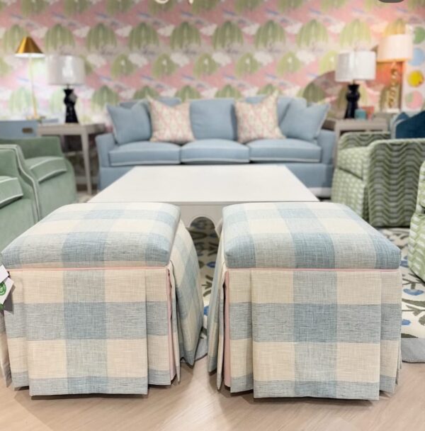Set of blue buffalo check skirted Ottomans with a pink velvet welt - Image 2