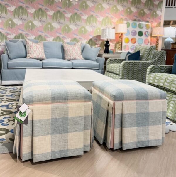 Set of blue buffalo check skirted Ottomans with a pink velvet welt - Image 3