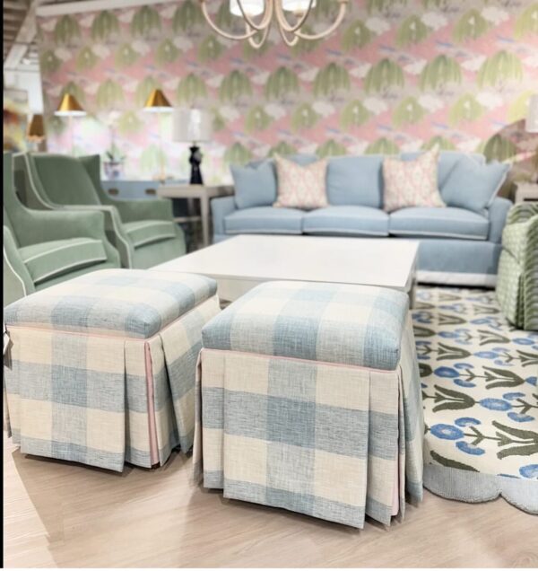 Set of blue buffalo check skirted Ottomans with a pink velvet welt - Image 4