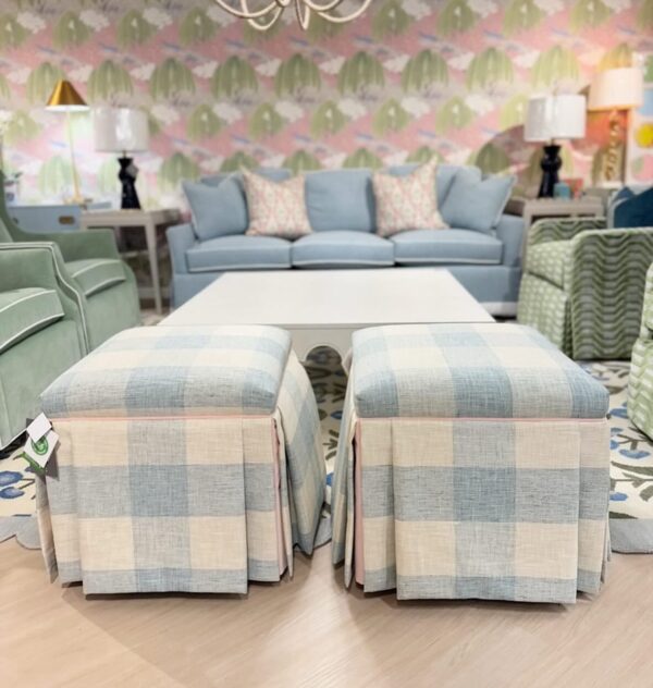 Set of blue buffalo check skirted Ottomans with a pink velvet welt - Image 5