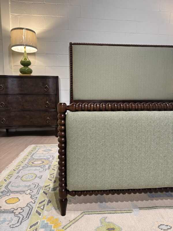 King spool bed in a tkb wooden finish with green  upholstered fabric, headboard, and footboard - Image 4