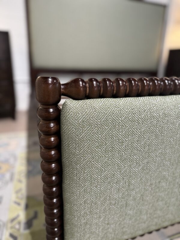 King spool bed in a tkb wooden finish with green  upholstered fabric, headboard, and footboard - Image 5