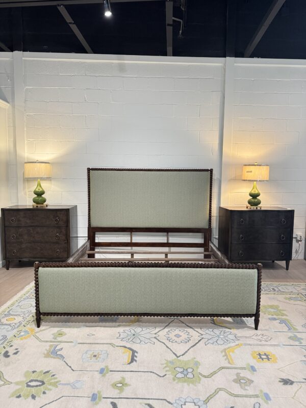 King spool bed in a tkb wooden finish with green  upholstered fabric, headboard, and footboard - Image 6