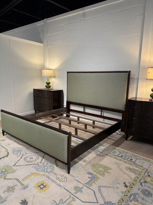 King spool bed in a tkb wooden finish with green  upholstered fabric, headboard, and footboard - Image 3
