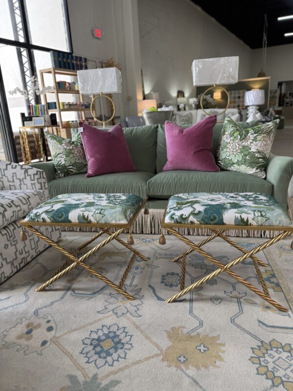 Upholstered x bench ottoman set! $1450 each fabric & golden frame - Image 4